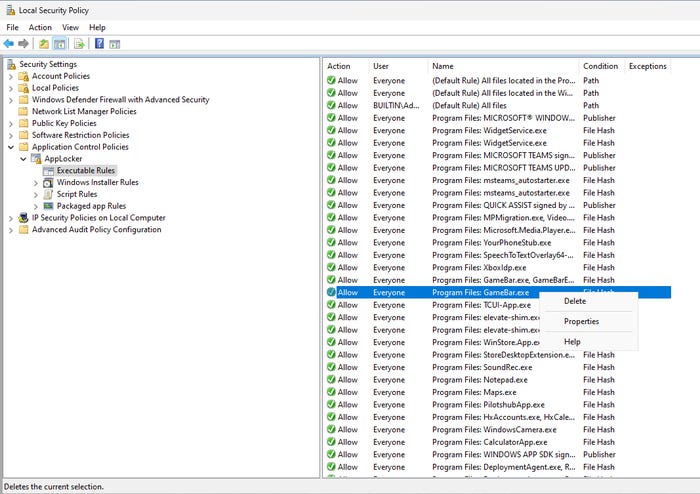 AppLocker shortcut menu shows option to delete a rule AppLocker shortcut menu shows option to delete a rule