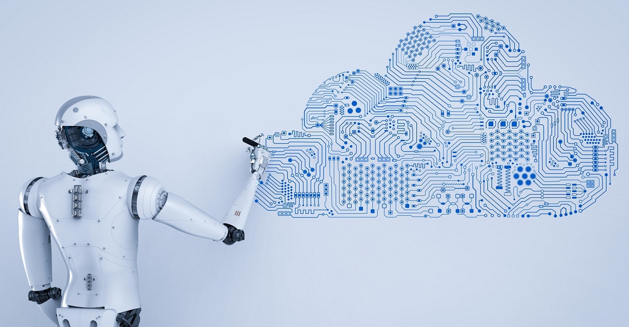 robot pointing to a cloud robot pointing to a cloud