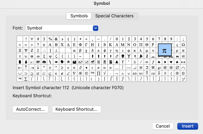 The Advanced Symbols library in Microsoft Word is another place to find the pi symbol. The Advanced Symbols library in Microsoft Word is another place to find the pi symbol.