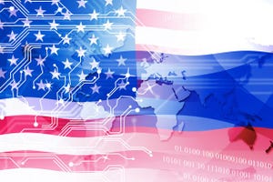 Image of United States flag overlaid on digital background