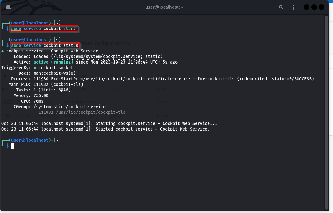 Showing the use of the sudo service cockpit start command to start the Cockpit service, and the sudo service cockpit status command to confirm the running status of Cockpit