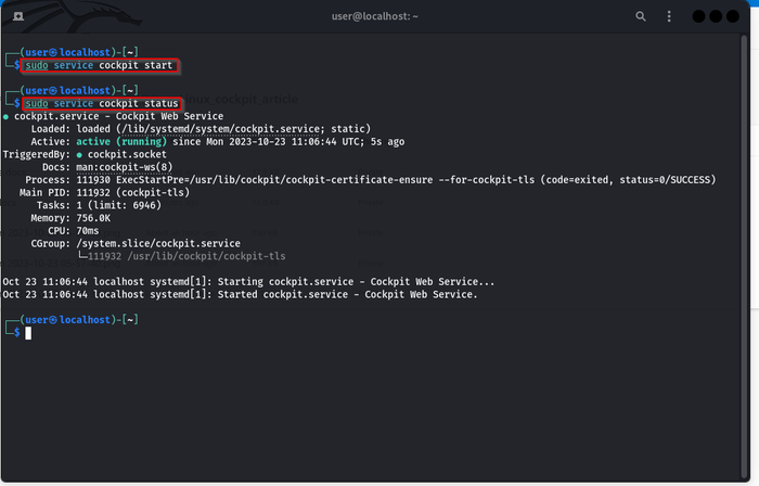 Showing the use of the sudo service cockpit start command to start the Cockpit service, and the sudo service cockpit status command to confirm the running status of Cockpit Showing the use of the sudo service cockpit start command to start the Cockpit service, and the sudo service cockpit status command to confirm the running status of Cockpit