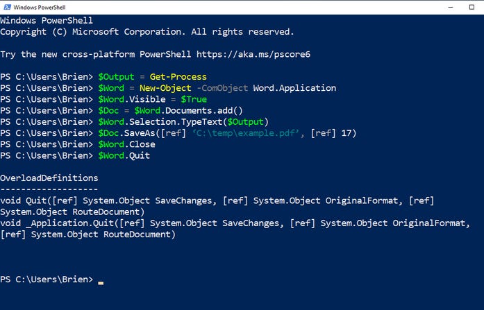 PowerShell console showing commands used to send text to Microsoft Word and convert the text to PDF format PowerShell console showing commands used to send text to Microsoft Word and convert the text to PDF format