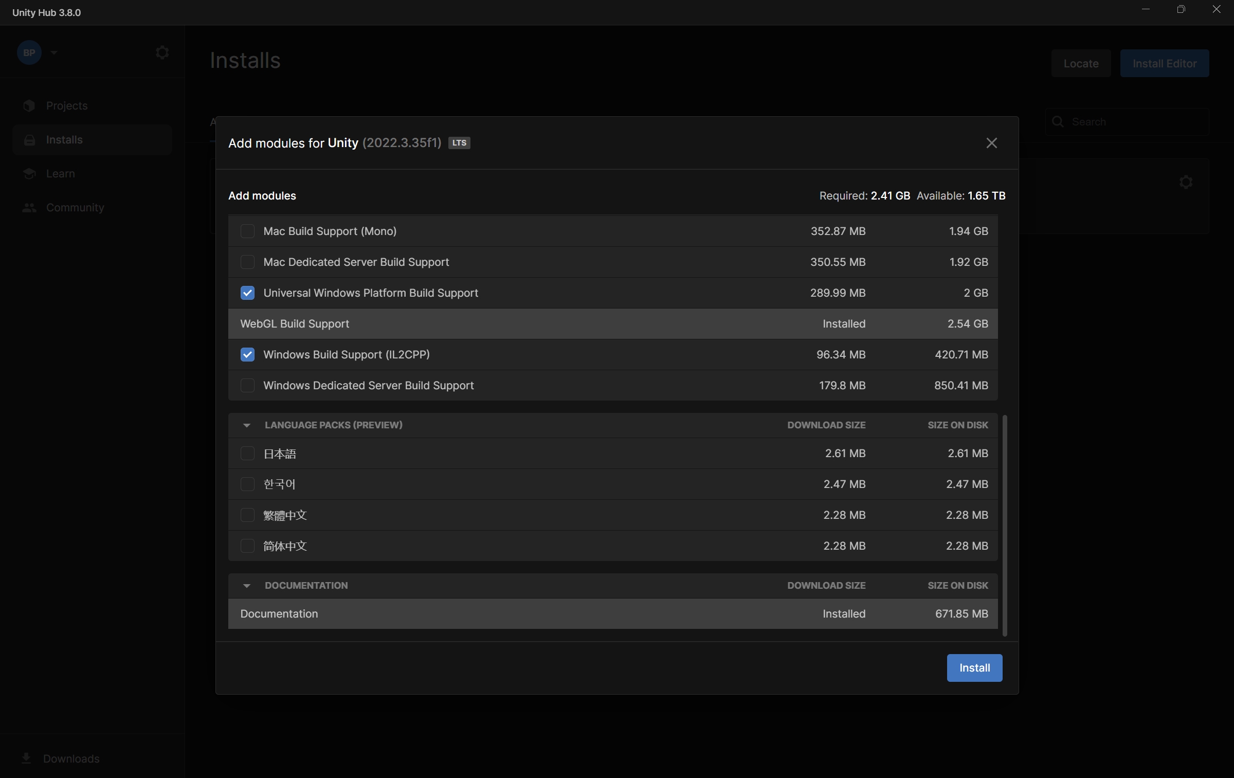 screenshot of Add Modules for Unity window with checkboxes