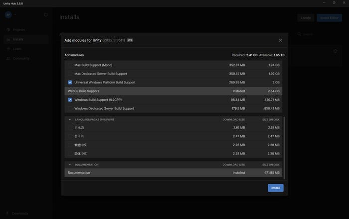 screenshot of Add Modules for Unity window with checkboxes screenshot of Add Modules for Unity window with checkboxes