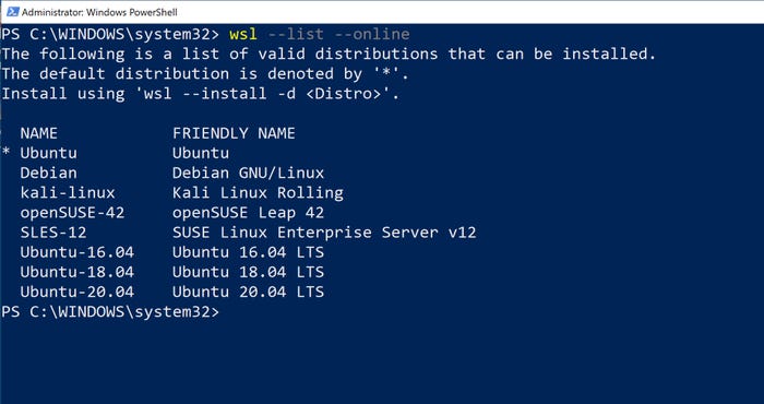 PowerShell screen shows list the available Linux distributions