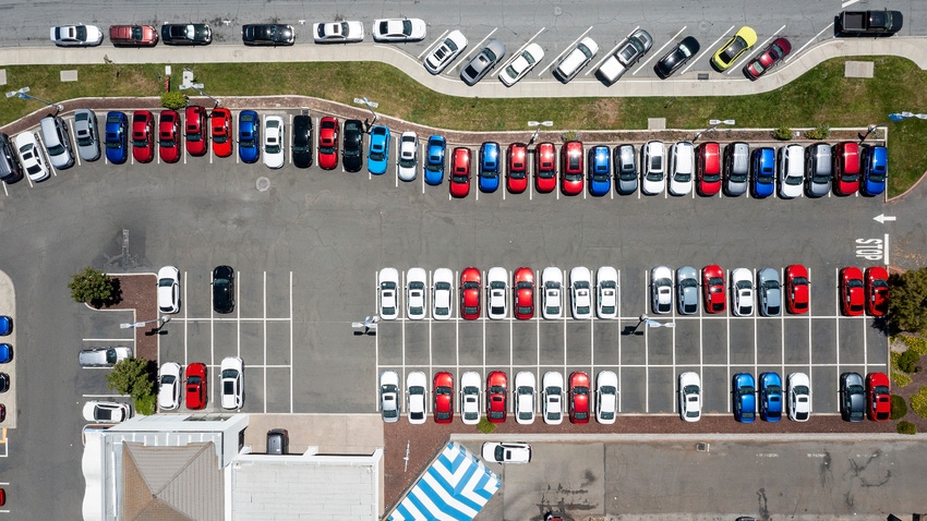 aerial view of a car dealership lot