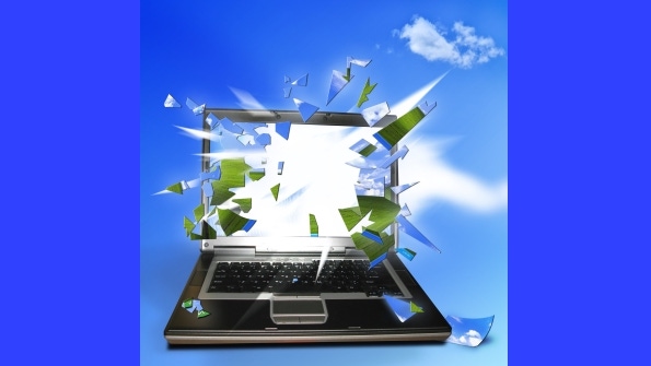 Windows laptop with screen blowing apart symbolizing operating system migration Windows laptop with screen blowing apart symbolizing operating system migration