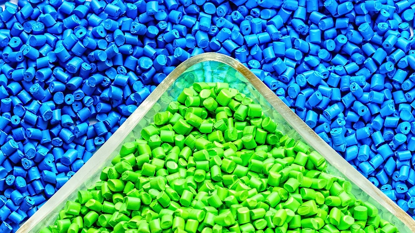 blue and green plastic pellets