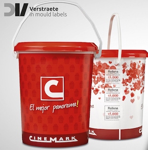 Reusable popcorn bucket with peelable in-mold labels is a hit with Chilean moviegoers