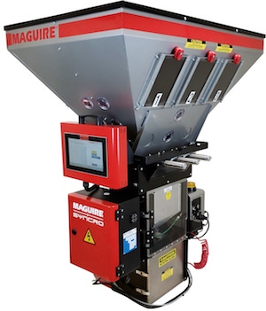 Blender integrates gain-in-weight bin and loss-in-weight mix chamber in one machine with Maguire 4088 controller