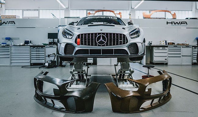 Mercedes-AMG GT4 race car with natural-fiber bumpers