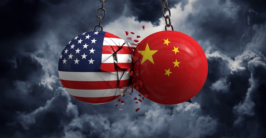 Chinese and US flags on wrecking balls
