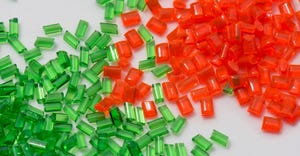 red and green plastic pellets