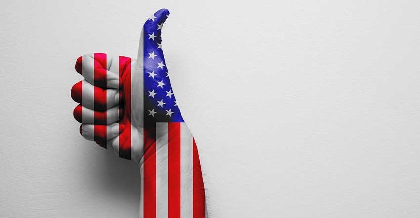thumb's up with arm and hand painted in US flag colors