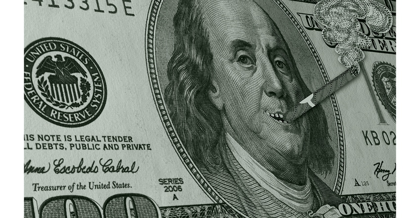 Benjamin Franklin on $100 bill smoking cigar