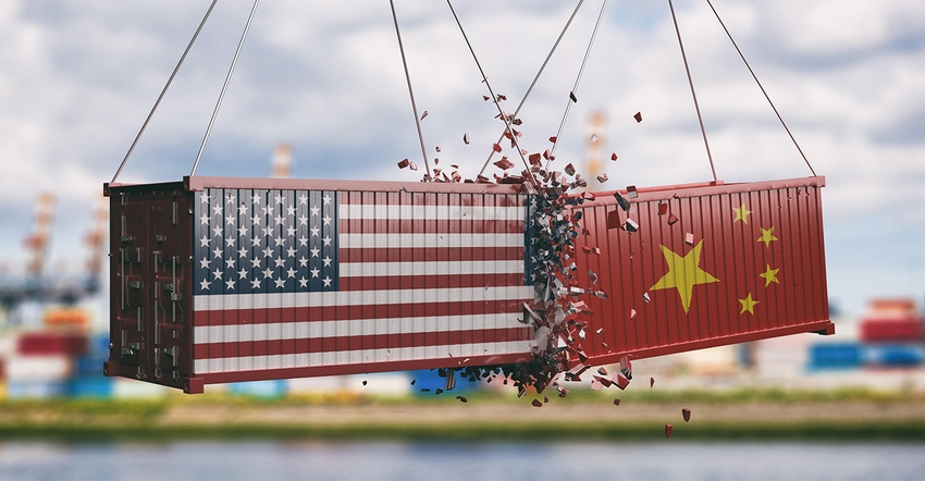 Chinese and US shipping containers smashing into each other