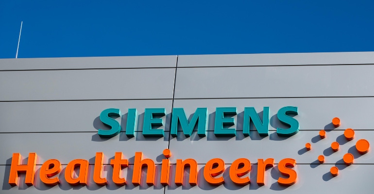 External view of the logo at the headquarters of the medical technology company Siemens Healthineers, taken October 5, 2018.