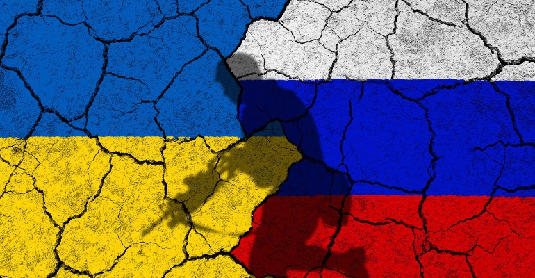 Illustration of the fractured relationship between Russia and Ukraine with country flags and shadow of soldier in war.