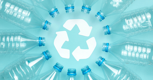 plastic bottles surrounding recycling symbol