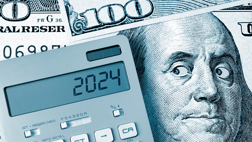 calculator showing 2024 with Benjamin Franklin on $100 bill looking on