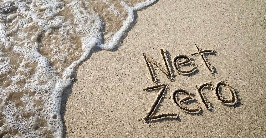 net zero written in sand on beach