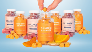 Several bottles of tropical fruit collagen gummies and turmeric and ginger gummies are arranged on a field of blue.  Several bottles of tropical fruit collagen gummies and turmeric and ginger gummies are arranged on a field of blue.