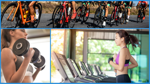 A photo collage of, at top, men riding bicycles; on the right, a woman running on a treadmill; on the left, a woman exercising with dumbbells. A photo collage of, at top, men riding bicycles; on the right, a woman running on a treadmill; on the left, a woman exercising with dumbbells.