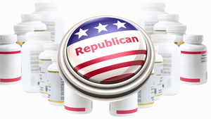 A shiny red, white and blue button sits atop several bottles of unidentified dietary supplements.  A shiny red, white and blue button sits atop several bottles of unidentified dietary supplements.