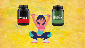 A drawing of a female body builder in a squat is lifting a barbell with bottles of whey and plant-based protein powder on each end. A drawing of a female body builder in a squat is lifting a barbell with bottles of whey and plant-based protein powder on each end.