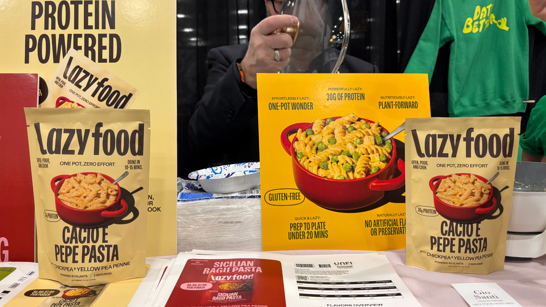 Lazy Food displays its Cacio e Pepe Pasta pouches.  Lazy Food displays its Cacio e Pepe Pasta pouches.