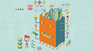 A large robotic grocery bag with a face, legs and arms is filled with a variety of grocery products, surrounded by other products in various colors.  A large robotic grocery bag with a face, legs and arms is filled with a variety of grocery products, surrounded by other products in various colors.