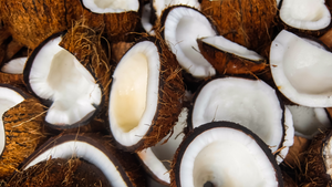 A collection of halved, open coconuts with their meat in place. A collection of halved, open coconuts with their meat in place.