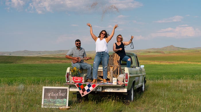 Prairie Grass Ranch owner Jody Manuel, left, and his wife, Crystal, right, created Gruff Ancient Grain Grits with their friend Brei Larmoyeux, center. Prairie Grass Ranch owner Jody Manuel, left, and his wife, Crystal, right, created Gruff Ancient Grain Grits with their friend Brei Larmoyeux, center.