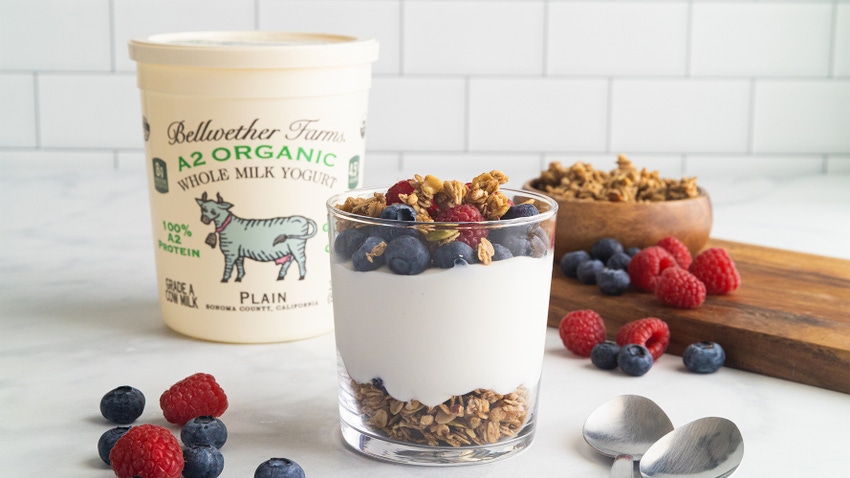 Bellwether Farms A2 Organic Whole Milk Yogurt with a berry parfait/ 