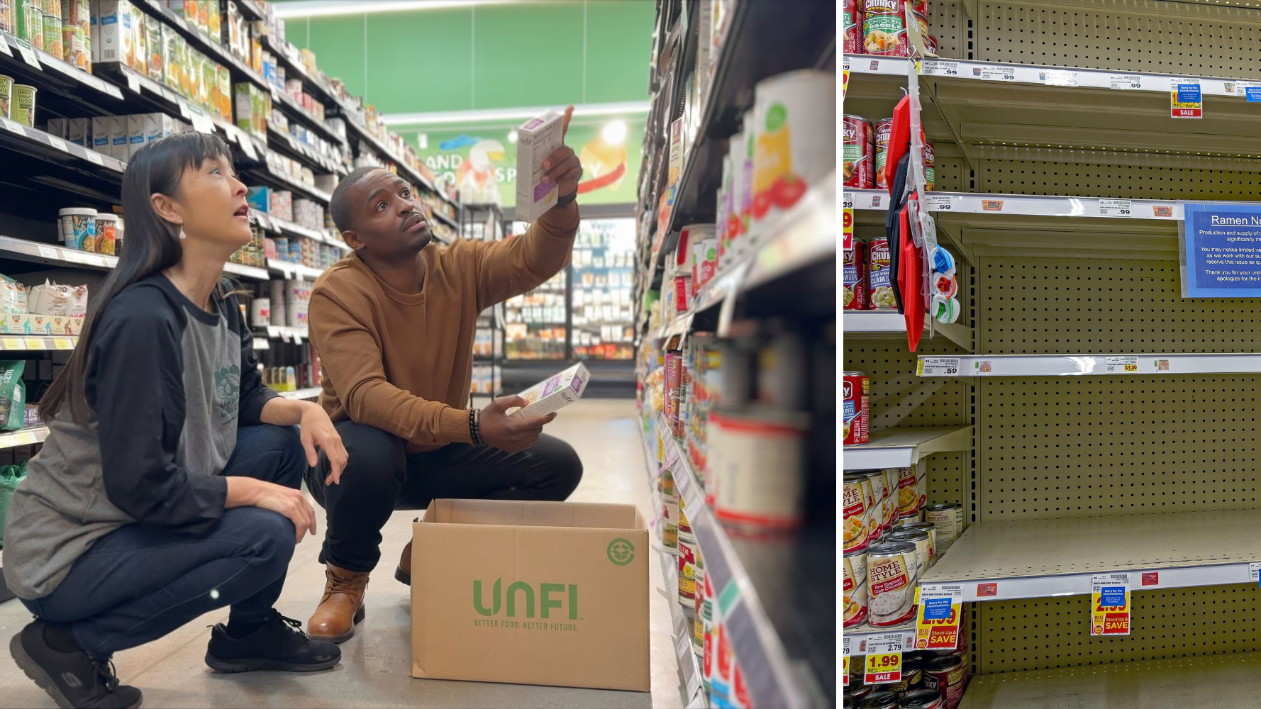 left two people stocking shelves, right empty shelves 