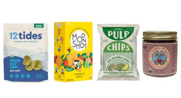 12 Tides Puffed Kelp Chips, Moonshot Climate Friendly Crackers, Pulp Pantry Chips, The Philosopher’s Stoneground Naked Crunchy Sprouted Almond Butter