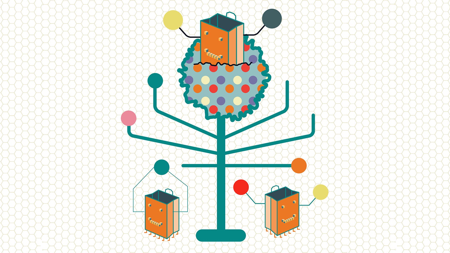 This illustration depicts shopping bags as little robots with faces, arms and legs sending balls of data to a slightly bigger robotic shopping bag that is perched in an electronic tree. That robot collects the balls in the branches and leaves of the tree.  This illustration depicts shopping bags as little robots with faces, arms and legs sending balls of data to a slightly bigger robotic shopping bag that is perched in an electronic tree. That robot collects the balls in the branches and leaves of the tree.