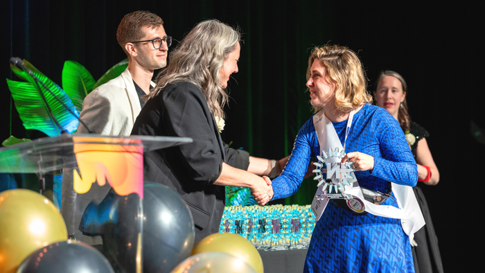 Adrienne Smith, content director of New Hope, congratulates a NEXTY Award winner at Expo West 2024. Adrienne Smith, content director of New Hope, congratulates a NEXTY Award winner at Expo West 2024.
