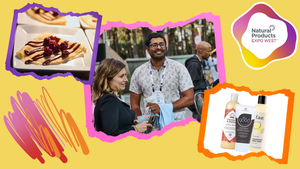 The image includes photos of crepes, Expo West attendees socializing and three beauty products to illustrate the changes happening this year.  The image includes photos of crepes, Expo West attendees socializing and three beauty products to illustrate the changes happening this year.