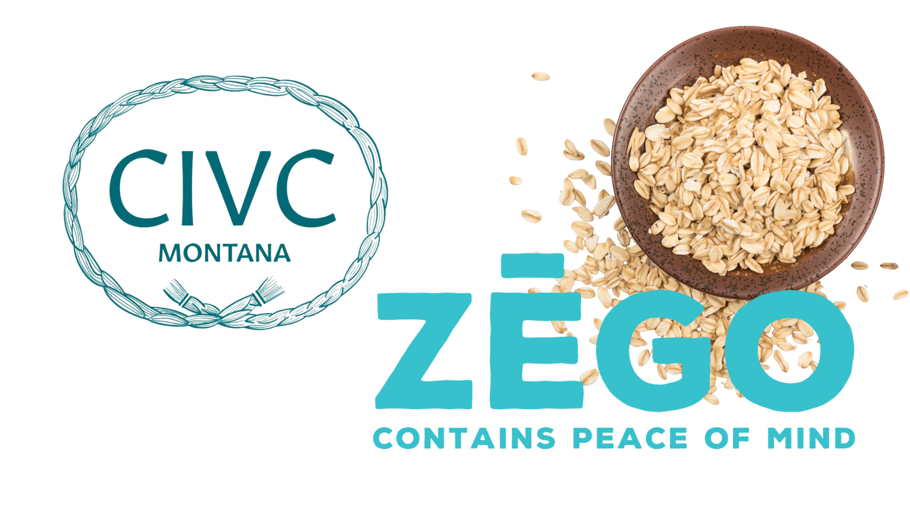CIVC and Zēgo logos with a bowl of uncooked oats in the background.