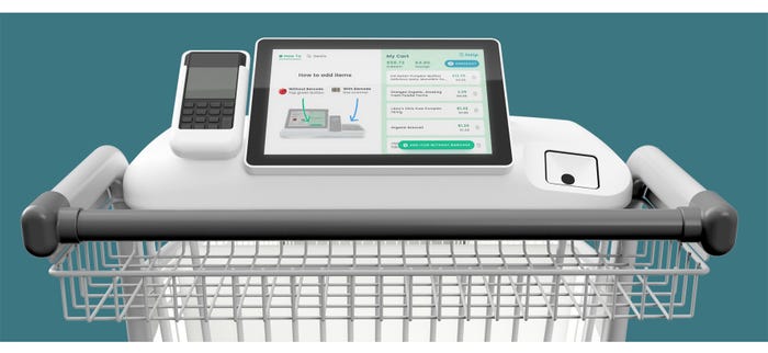 This rendering of a smart cart shows the upper area of a shopping cart with a tablet screen attached.  This rendering of a smart cart shows the upper area of a shopping cart with a tablet screen attached.