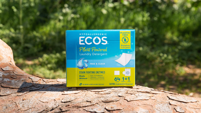 Designed with sustainability and waste reduction in mind, ECOS' lightweight laundry sheets are packed into plastic-free packaging. Credit: ECOS