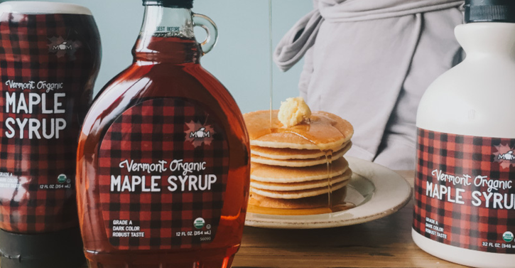 MOM’s Organic Market maple syrup, pictured with pancakes