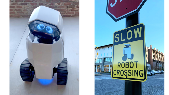 A photo on the left shows Nourish + Bloom's small, white robot with a cute face and hearts as pupils of the eyes. On the right, a traffic sign attached to a stop sign post warns drivers to slow down because a robot could be crossing the street. A photo on the left shows Nourish + Bloom's small, white robot with a cute face and hearts as pupils of the eyes. On the right, a traffic sign attached to a stop sign post warns drivers to slow down because a robot could be crossing the street.