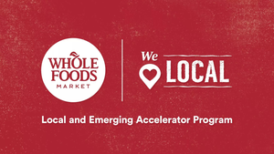Whole Foods Market logo and the words "We (heart) local" on a red background. Whole Foods Market logo and the words "We (heart) local" on a red background.