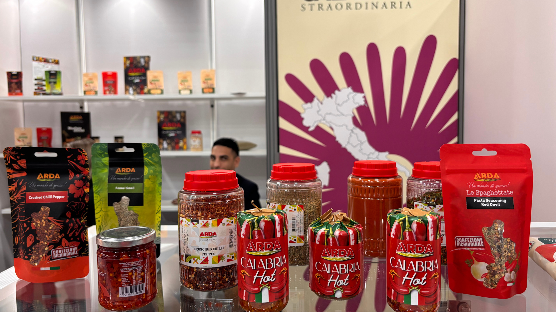 Arda spices and chile pepper displayed in pouches and jars. Arda spices and chile pepper displayed in pouches and jars.