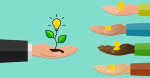 business funding illustration: one hand showing a plant sprouting a light bulb; opposite side, four hands offering euros and 
