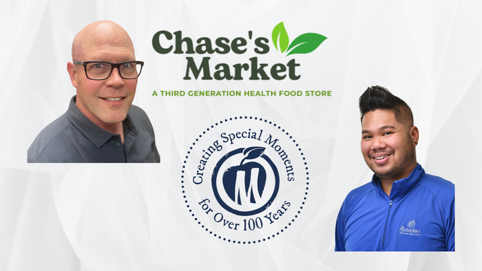A photo of Michael Chase is positioned near the top of the photo next to his store's logo. Andrew Akhaphong, lower right, faces the logo for Mackenthun’s Fine Foods. A photo of Michael Chase is positioned near the top of the photo next to his store's logo. Andrew Akhaphong, lower right, faces the logo for Mackenthun’s Fine Foods.