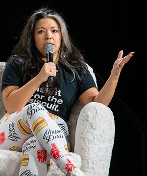 Ayeshah Abuelhiga, founder and CEO of Mason Dixie Foods, speaks during a panel discussion at Natural Products Expo West on March 8, 2023